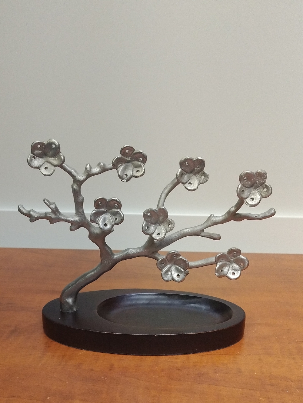 Red Envelope Pewter on Wooden Base Flower Branch Jewelry Holder Made in India